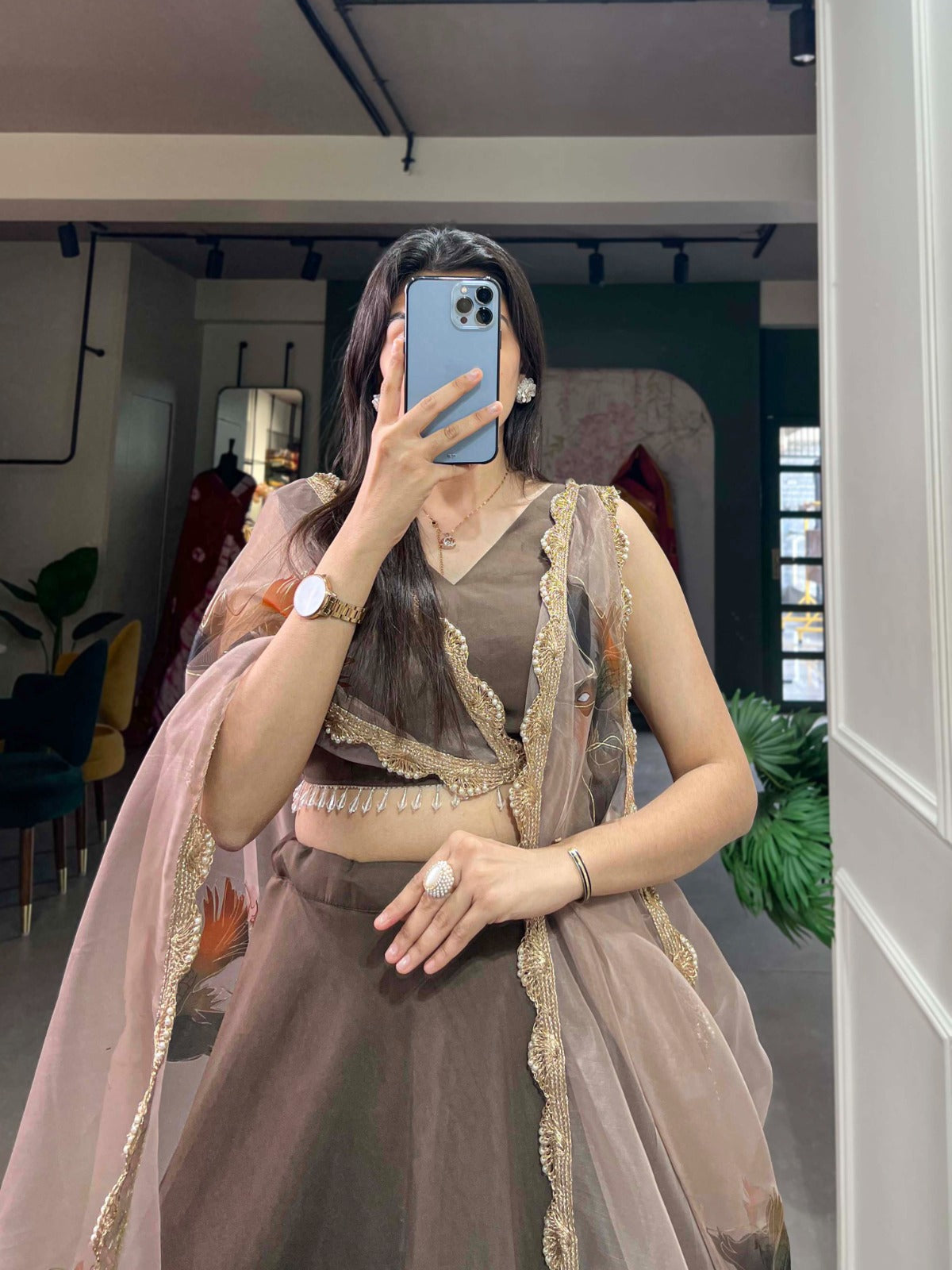 Pastel Brown Lehenga Choli Set with Organza Dupatta ClothsVilla