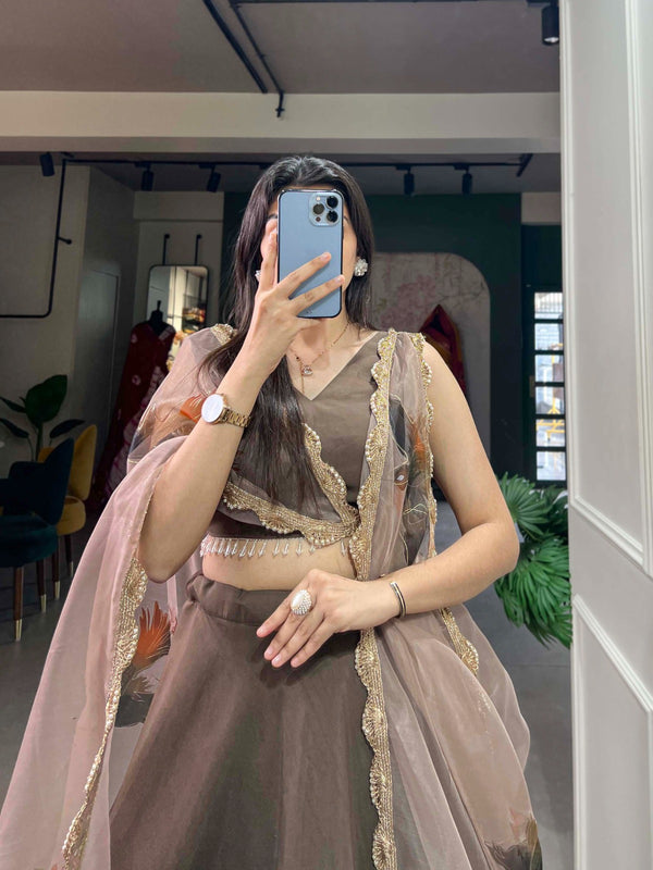 Pastel Brown Lehenga Choli Set with Organza Dupatta ClothsVilla