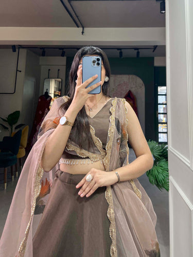 Pastel Brown Lehenga Choli Set with Organza Dupatta ClothsVilla
