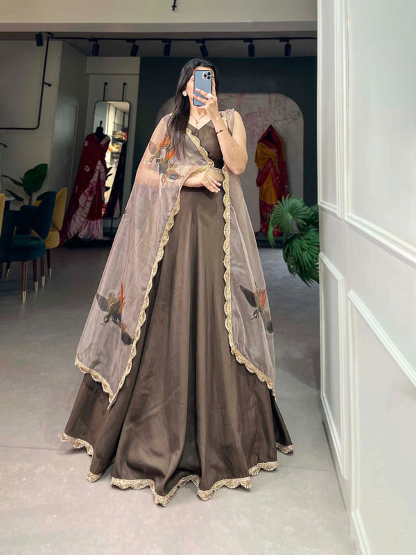 Pastel Brown Lehenga Choli Set with Organza Dupatta ClothsVilla