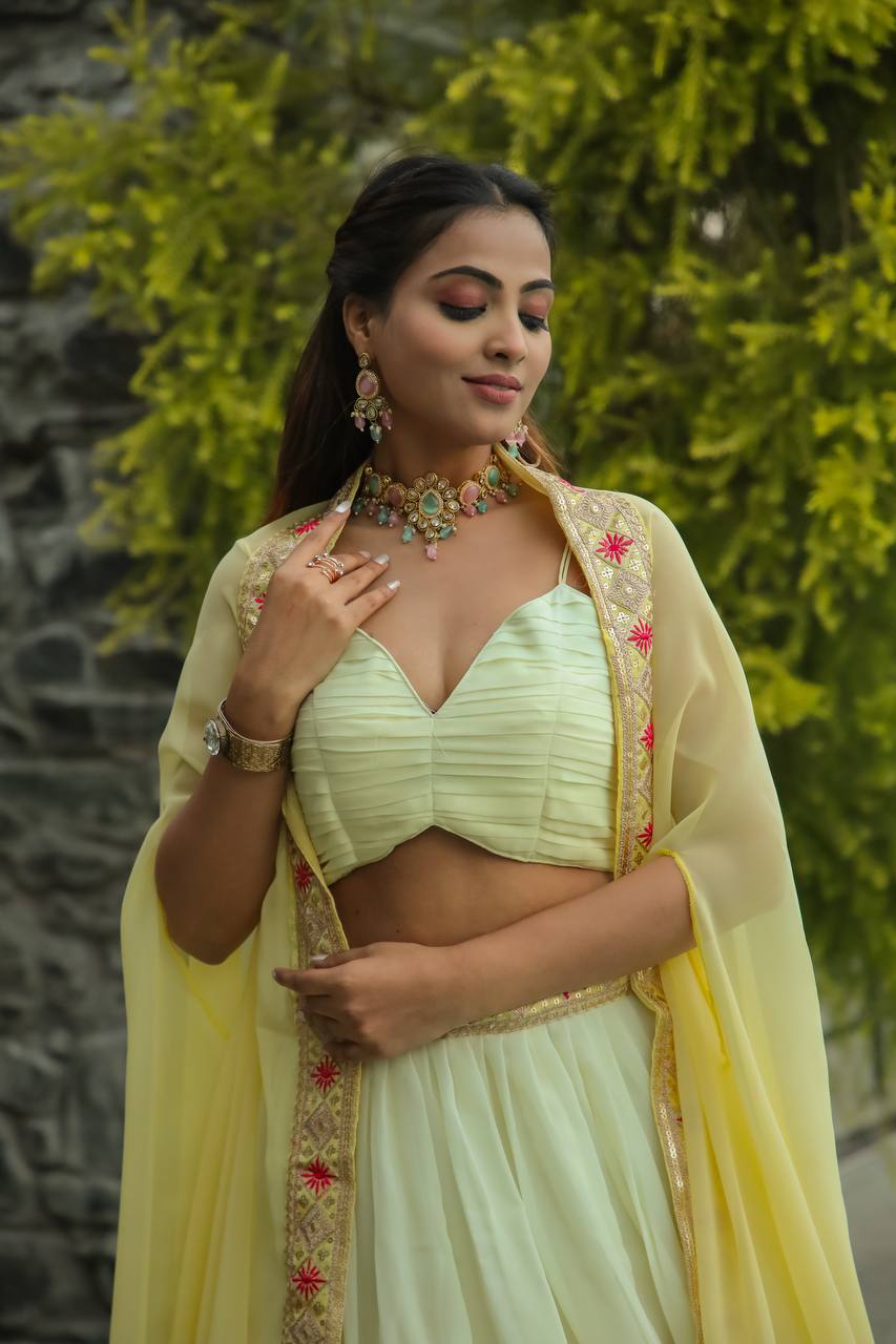 Pastel Lemon Yellow Elegant Indo-Western Lehenga Set – A Perfect Festive Pick ClothsVilla