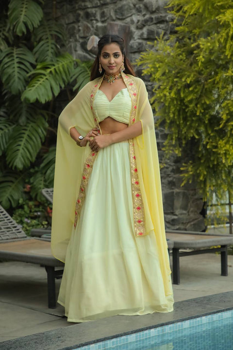Pastel Lemon Yellow Elegant Indo-Western Lehenga Set – A Perfect Festive Pick ClothsVilla Main image