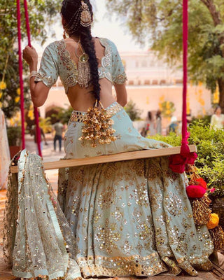 Pastel Sky Elegant Mulberry Silk Lehenga Set with Exquisite Detailing ClothsVilla