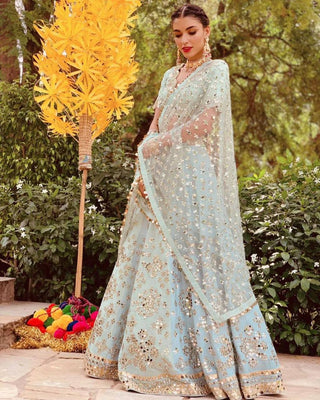 Pastel Sky Elegant Mulberry Silk Lehenga Set with Exquisite Detailing ClothsVilla