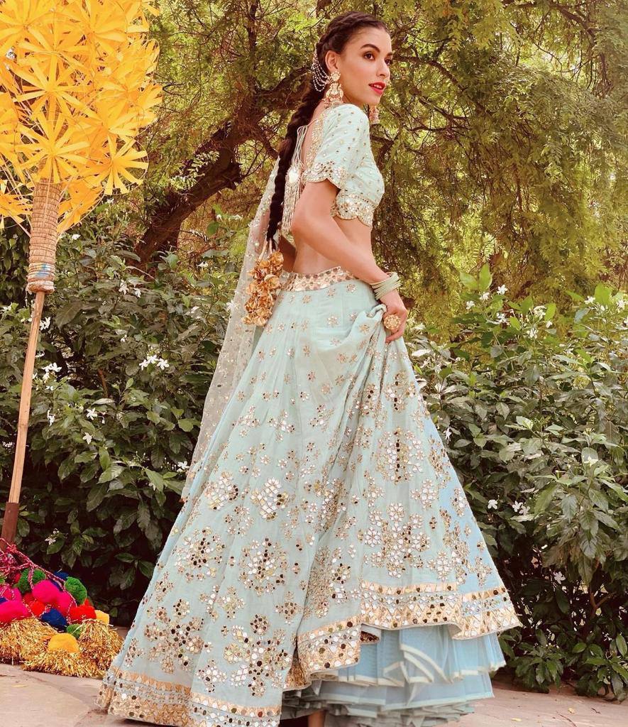 Pastel Sky Elegant Mulberry Silk Lehenga Set with Exquisite Detailing ClothsVilla