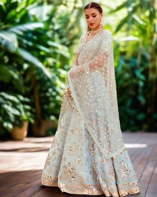 Pastel Sky Elegant Mulberry Silk Lehenga Set with Exquisite Detailing ClothsVilla