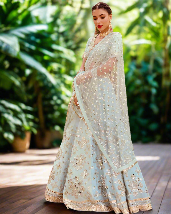 Pastel Sky Elegant Mulberry Silk Lehenga Set with Exquisite Detailing ClothsVilla