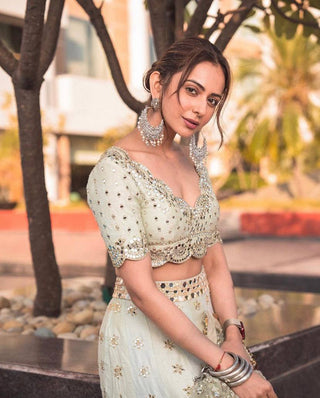 Pastel Sky Elegant Mulberry Silk Lehenga Set with Exquisite Detailing ClothsVilla