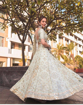 Pastel Sky Elegant Mulberry Silk Lehenga Set with Exquisite Detailing ClothsVilla