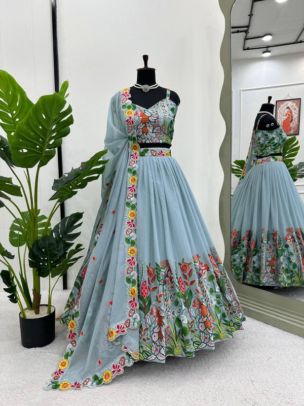 Pastel Sky Elegant Tabby Organza Semi-Stitched Lehengha Set with Thread Embroidery Cutwork Dupatta Clothsvilla