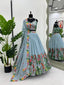 Pastel Sky Elegant Tabby Organza Semi-Stitched Lehengha Set with Thread Embroidery Cutwork Dupatta Clothsvilla