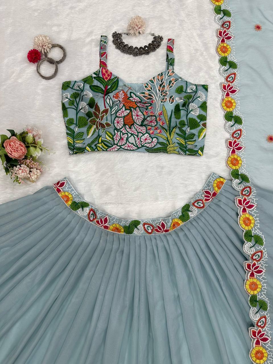 Pastel Sky Elegant Tabby Organza Semi-Stitched Lehengha Set with Thread Embroidery Cutwork Dupatta Clothsvilla