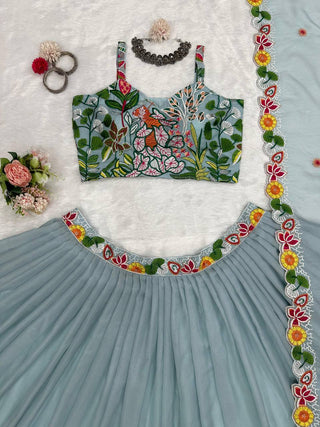 Pastel Sky Elegant Tabby Organza Semi-Stitched Lehengha Set with Thread Embroidery Cutwork Dupatta Clothsvilla