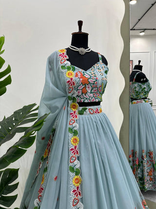 Pastel Sky Elegant Tabby Organza Semi-Stitched Lehengha Set with Thread Embroidery Cutwork Dupatta Clothsvilla