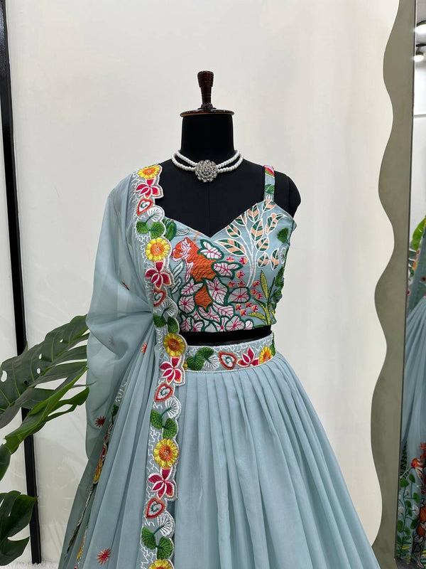 Pastel Sky Elegant Tabby Organza Semi-Stitched Lehengha Set with Thread Embroidery Cutwork Dupatta Clothsvilla