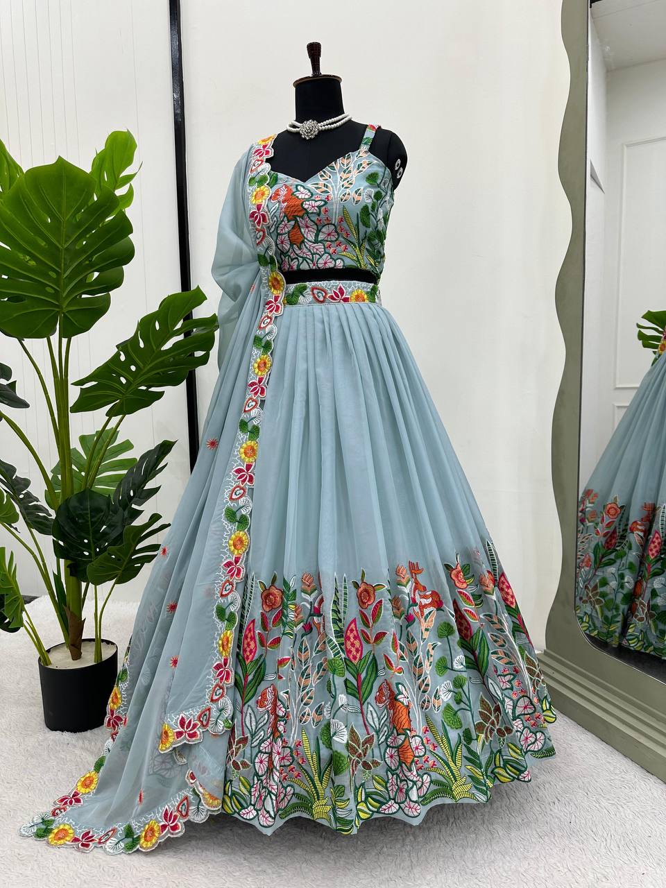 Pastel Sky Elegant Tabby Organza Semi-Stitched Lehengha Set with Thread Embroidery Cutwork Dupatta Clothsvilla