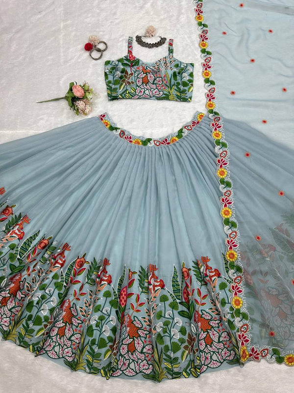 Pastel Sky Elegant Tabby Organza Semi-Stitched Lehengha Set with Thread Embroidery Cutwork Dupatta Clothsvilla