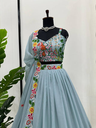 Pastel Sky Elegant Tabby Organza Semi-Stitched Lehengha Set with Thread Embroidery Cutwork Dupatta Clothsvilla
