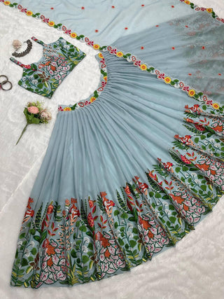 Pastel Sky Elegant Tabby Organza Semi-Stitched Lehengha Set with Thread Embroidery Cutwork Dupatta Clothsvilla