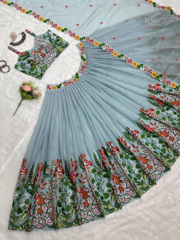 Pastel Sky Elegant Tabby Organza Semi-Stitched Lehengha Set with Thread Embroidery Cutwork Dupatta Clothsvilla