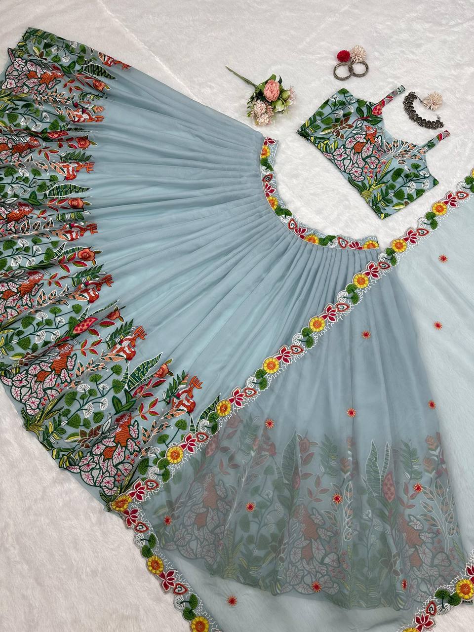 Pastel Sky Elegant Tabby Organza Semi-Stitched Lehengha Set with Thread Embroidery Cutwork Dupatta Clothsvilla