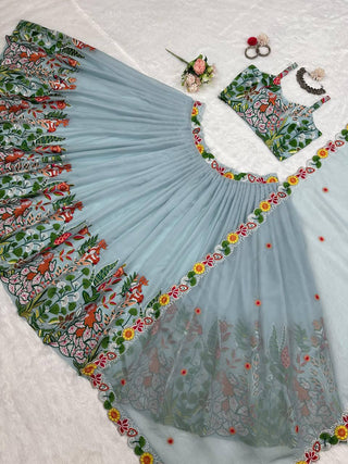 Pastel Sky Elegant Tabby Organza Semi-Stitched Lehengha Set with Thread Embroidery Cutwork Dupatta Clothsvilla