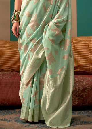 Pastel Sky Woven Cotton Silk Blend Linen Saree with Unstitched Blouse ClothsVilla