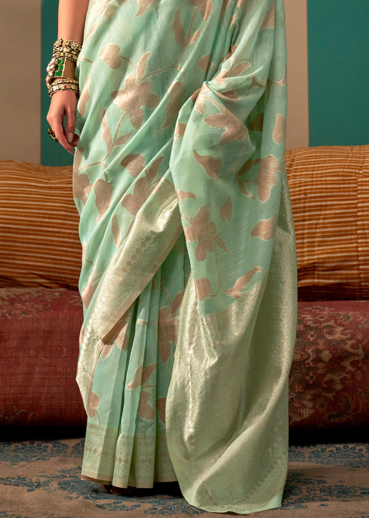 Pastel Sky Woven Cotton Silk Blend Linen Saree with Unstitched Blouse ClothsVilla