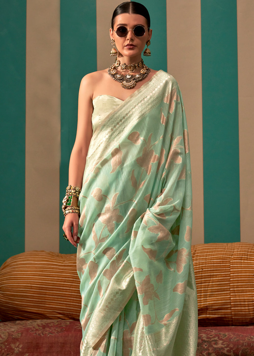 Pastel Sky Woven Cotton Silk Blend Linen Saree with Unstitched Blouse ClothsVilla Main image