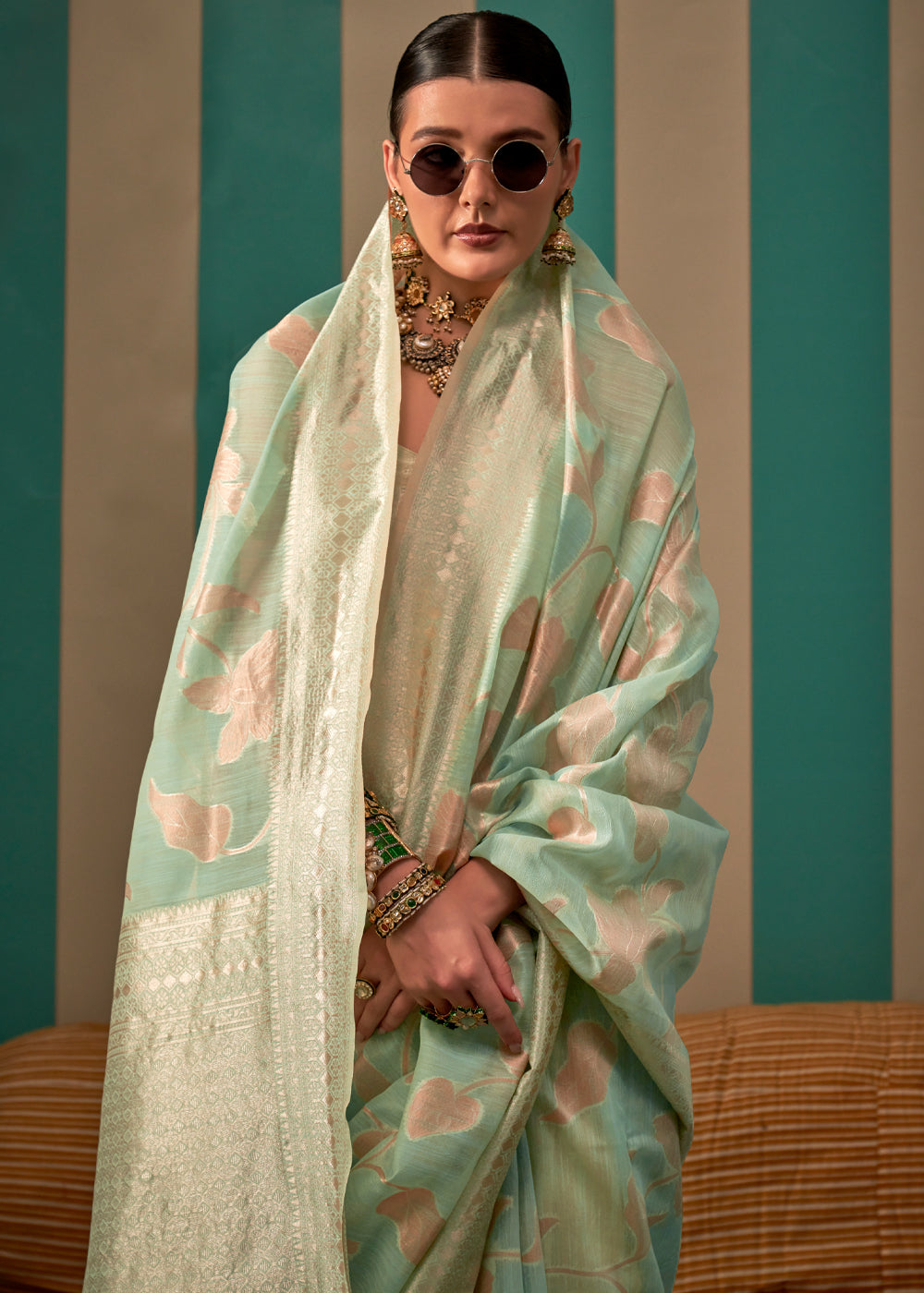 Pastel Sky Woven Cotton Silk Blend Linen Saree with Unstitched Blouse ClothsVilla
