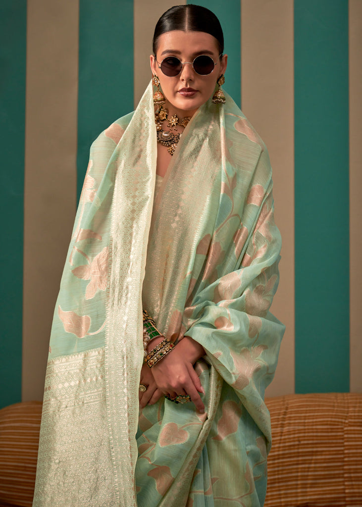 Pastel Sky Woven Cotton Silk Blend Linen Saree with Unstitched Blouse ClothsVilla