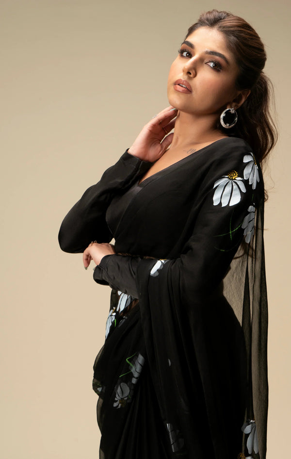 Black Hand-Painted Pure Georgette Saree with White Floral Motifs & Sequins | Modal Satin Blouse FANCY SAREES