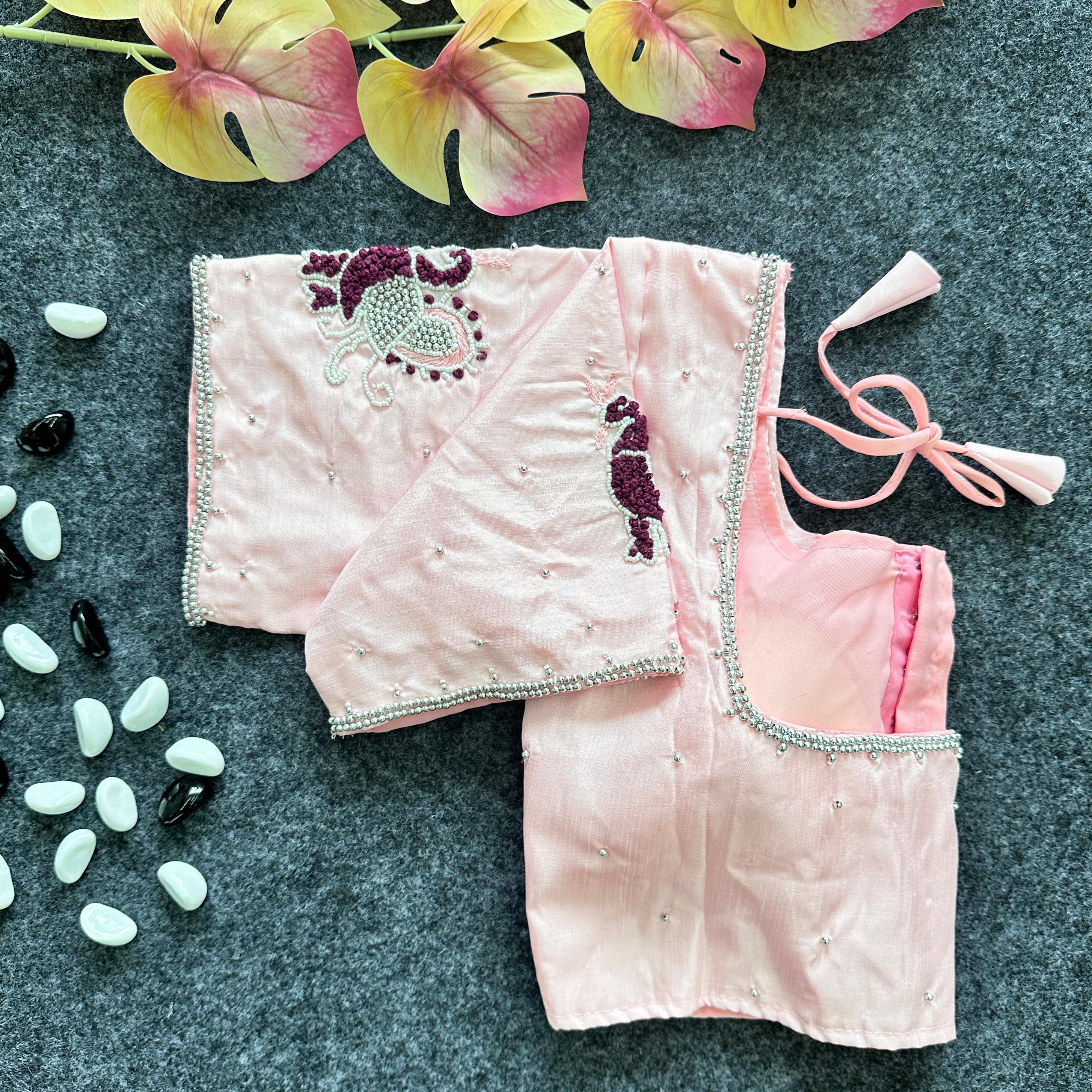 Peach Color Party Wear Blouse in Lemon Silk with Elegant Handwork and Knot Design Secondary image