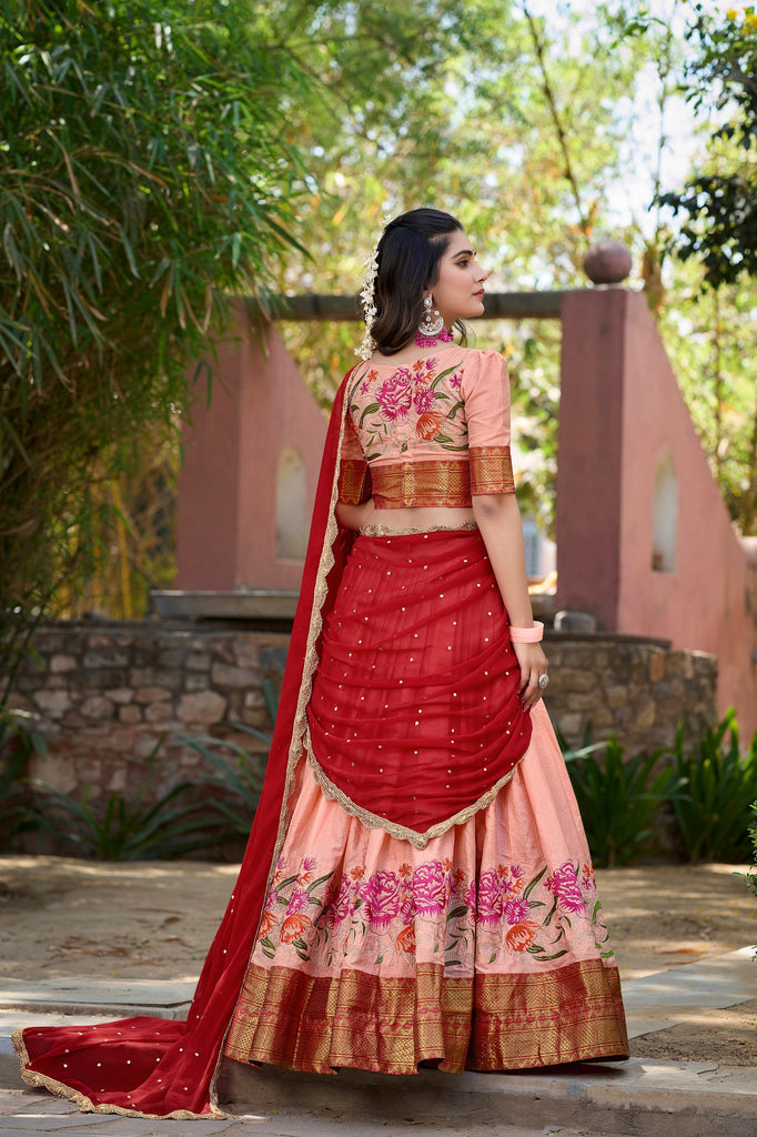 Peach Cotton Silk Lehenga Choli with Thread Embroidery & Sequined Georgette Dupatta ClothsVilla