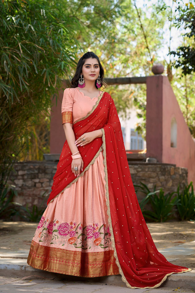 Peach Cotton Silk Lehenga Choli with Thread Embroidery & Sequined Georgette Dupatta ClothsVilla