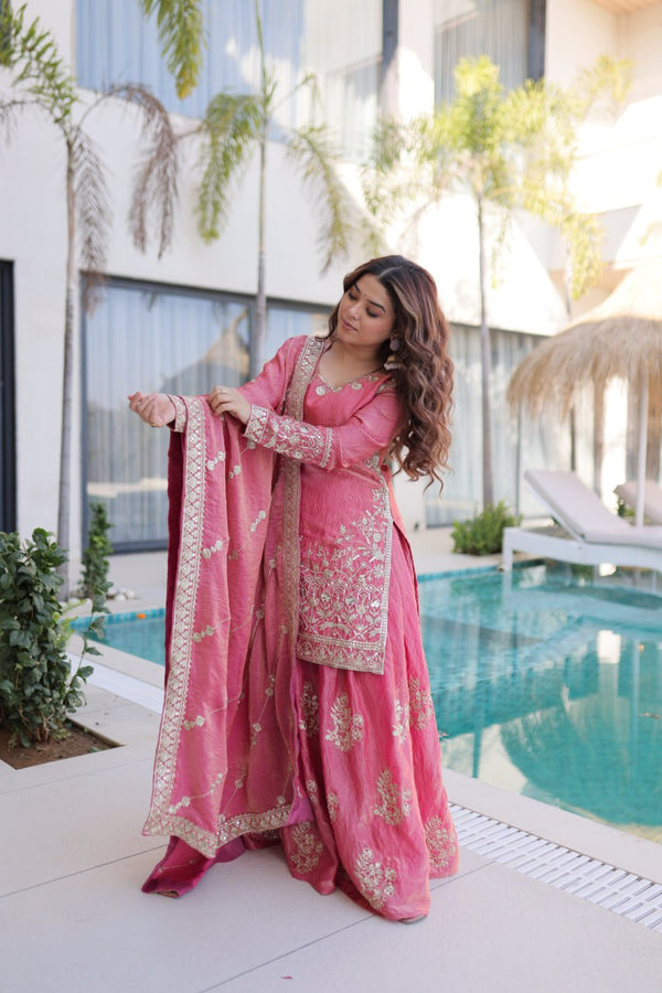 Peach Crush Embroidered Kurti Sharara Set ClothsVilla