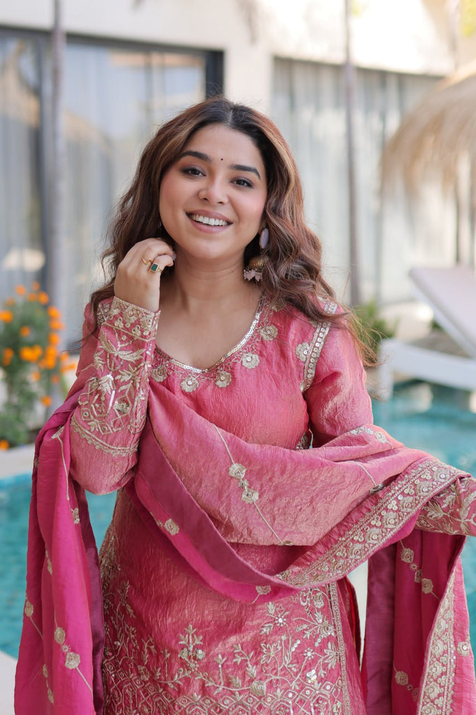 Peach Crush Embroidered Kurti Sharara Set ClothsVilla