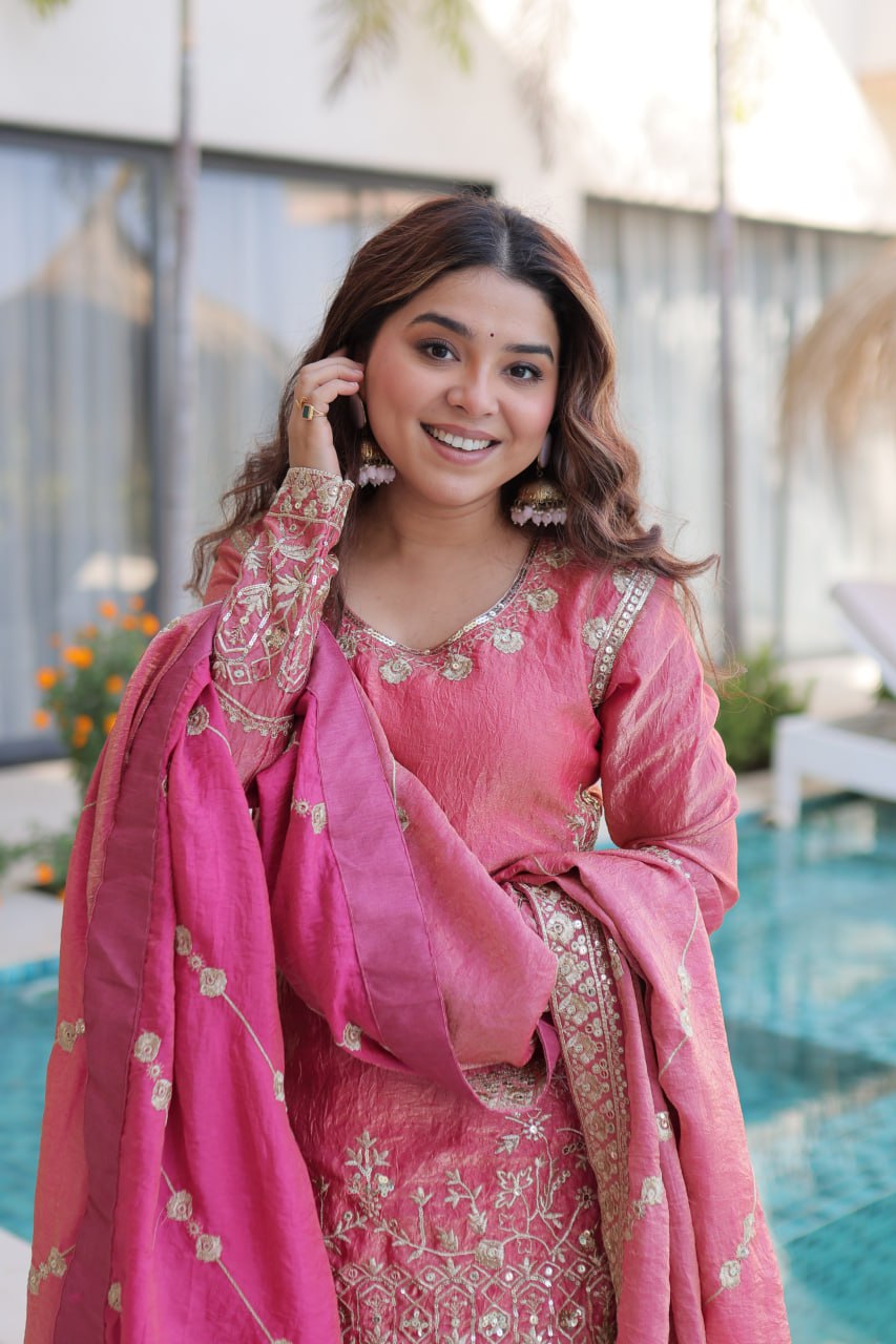 Peach Crush Embroidered Kurti Sharara Set ClothsVilla