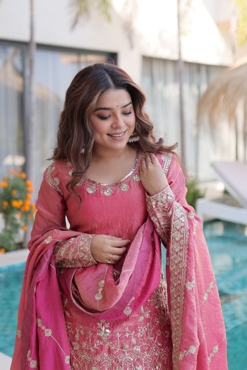 Peach Crush Embroidered Kurti Sharara Set ClothsVilla
