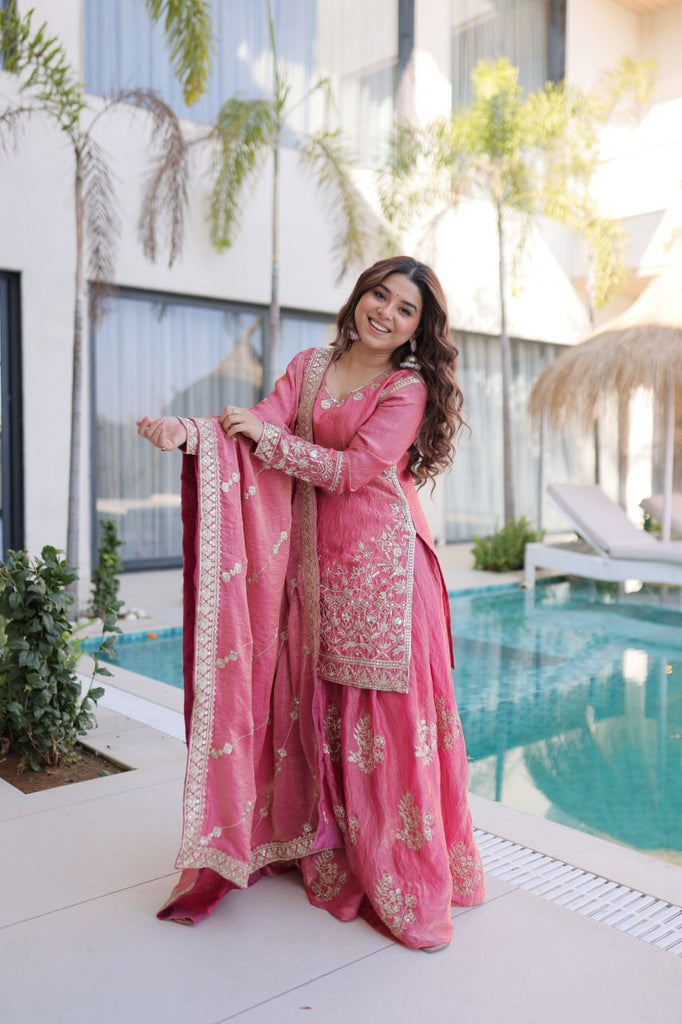 Peach Crush Embroidered Kurti Sharara Set ClothsVilla