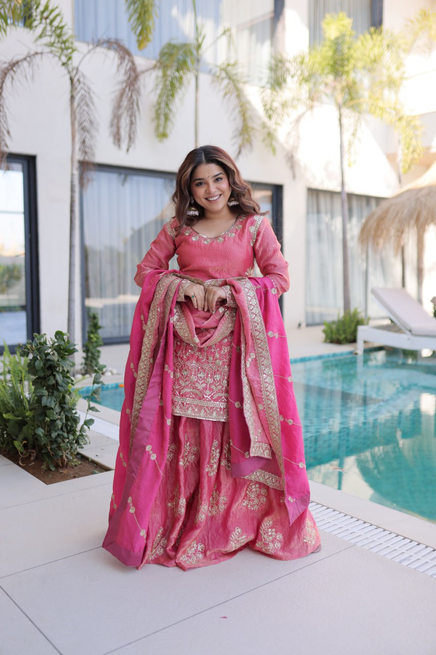 Peach Crush Embroidered Kurti Sharara Set ClothsVilla Main image