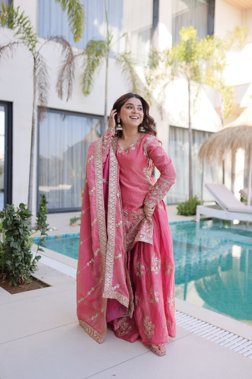Peach Crush Embroidered Kurti Sharara Set ClothsVilla