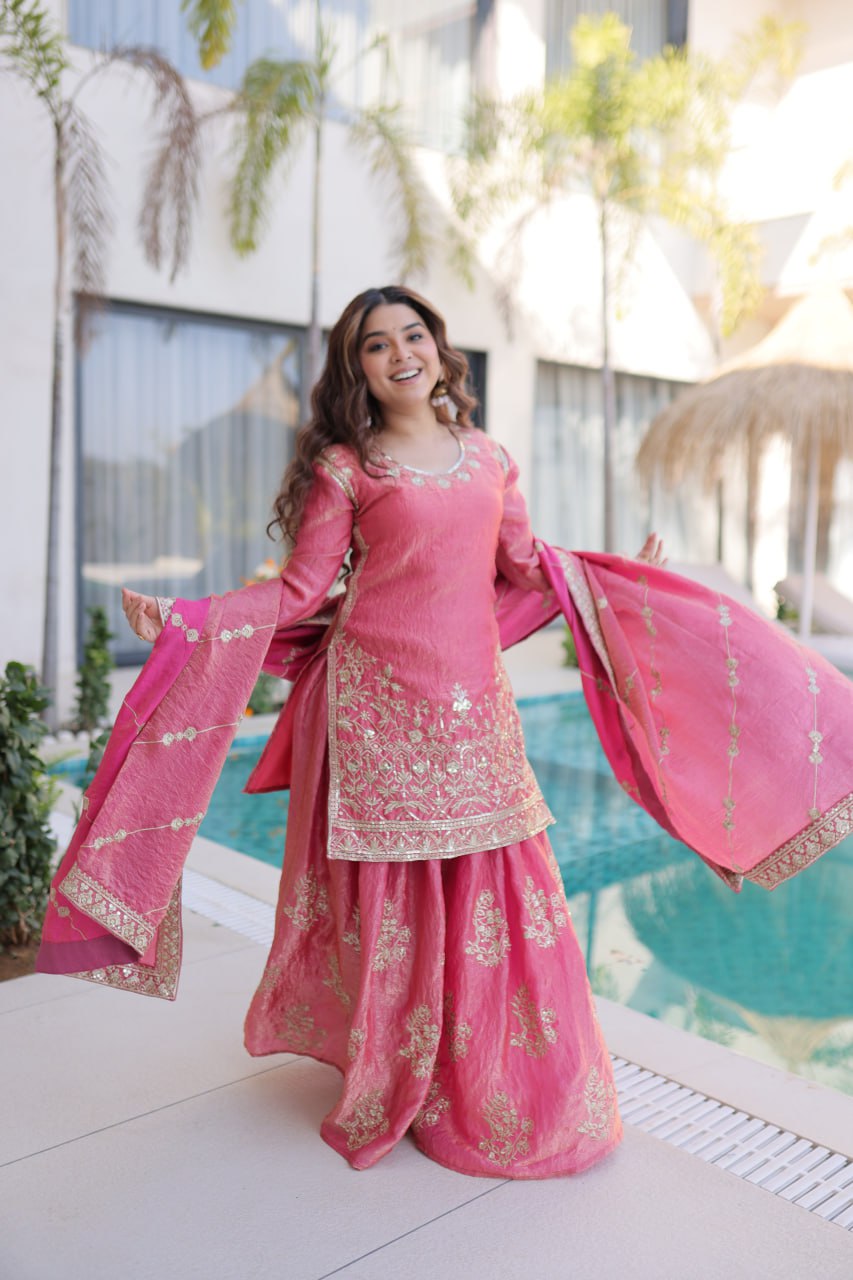 Peach Crush Embroidered Kurti Sharara Set ClothsVilla