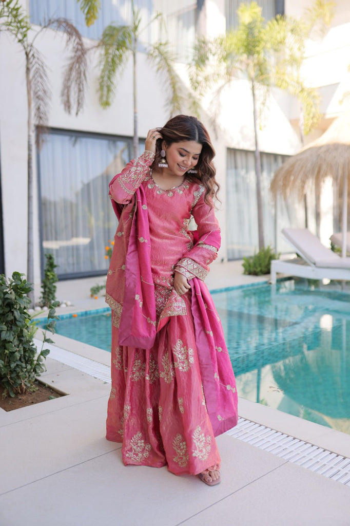 Peach Crush Embroidered Kurti Sharara Set ClothsVilla