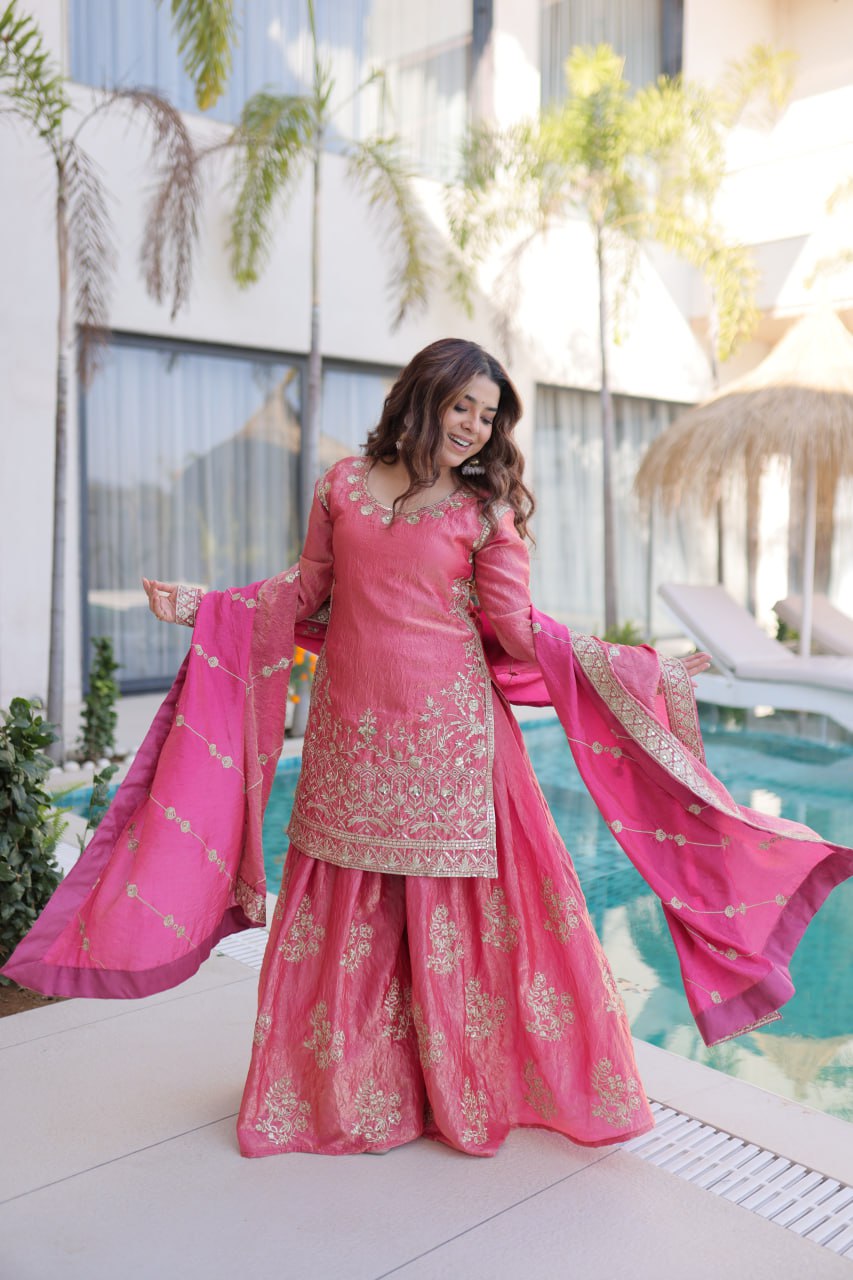 Peach Crush Embroidered Kurti Sharara Set ClothsVilla