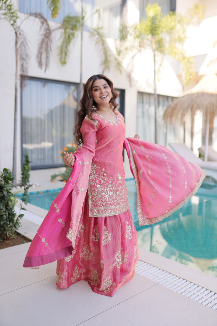 Peach Crush Embroidered Kurti Sharara Set ClothsVilla