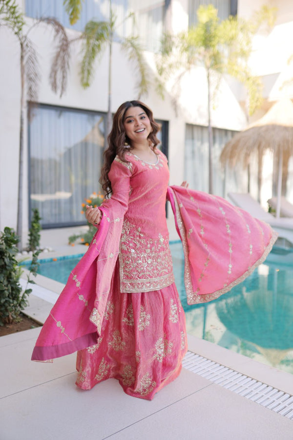 Peach Crush Embroidered Kurti Sharara Set ClothsVilla