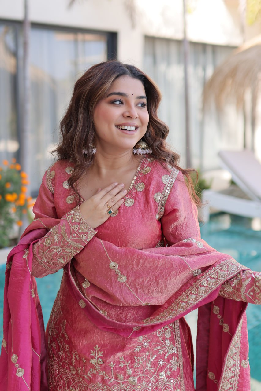 Peach Crush Embroidered Kurti Sharara Set ClothsVilla