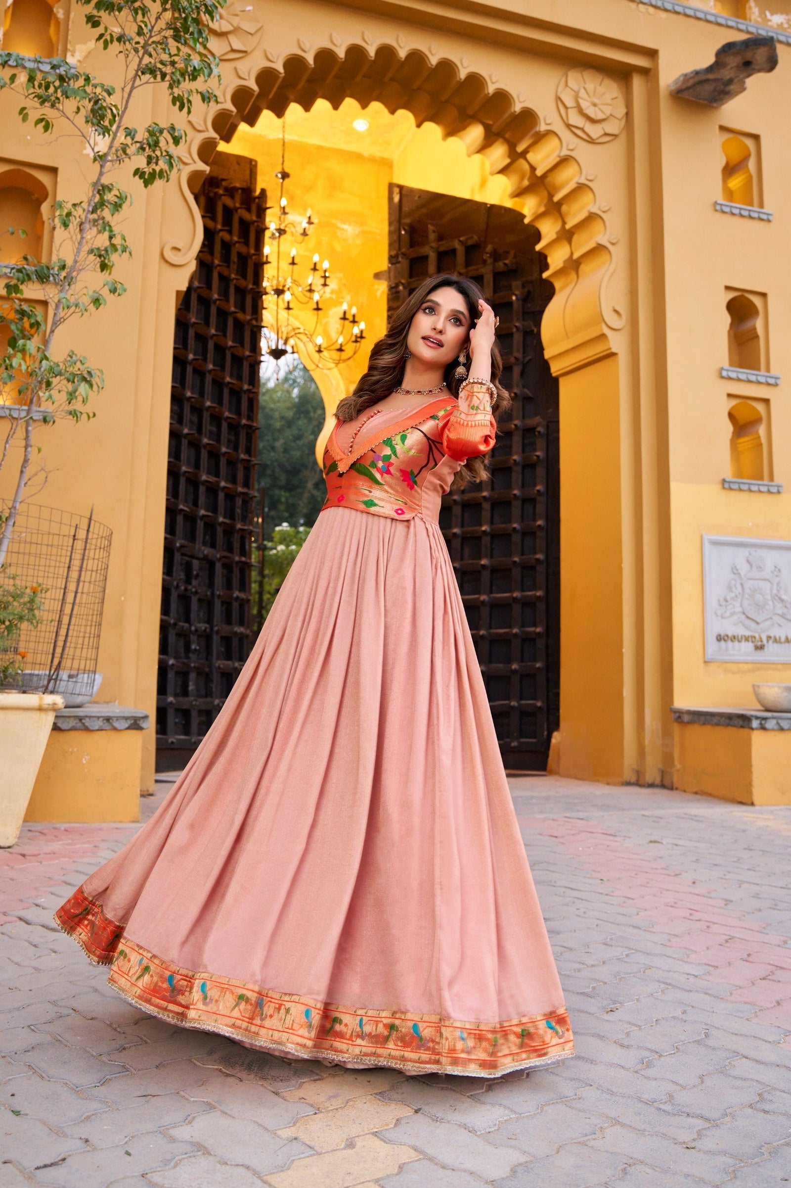 Peach Designer Zari Work Full Gown ClothsVilla
