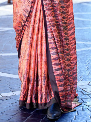 Peach Digital Print Saree in Satin Silk Blend – Party & Wedding Wear ClothsVilla